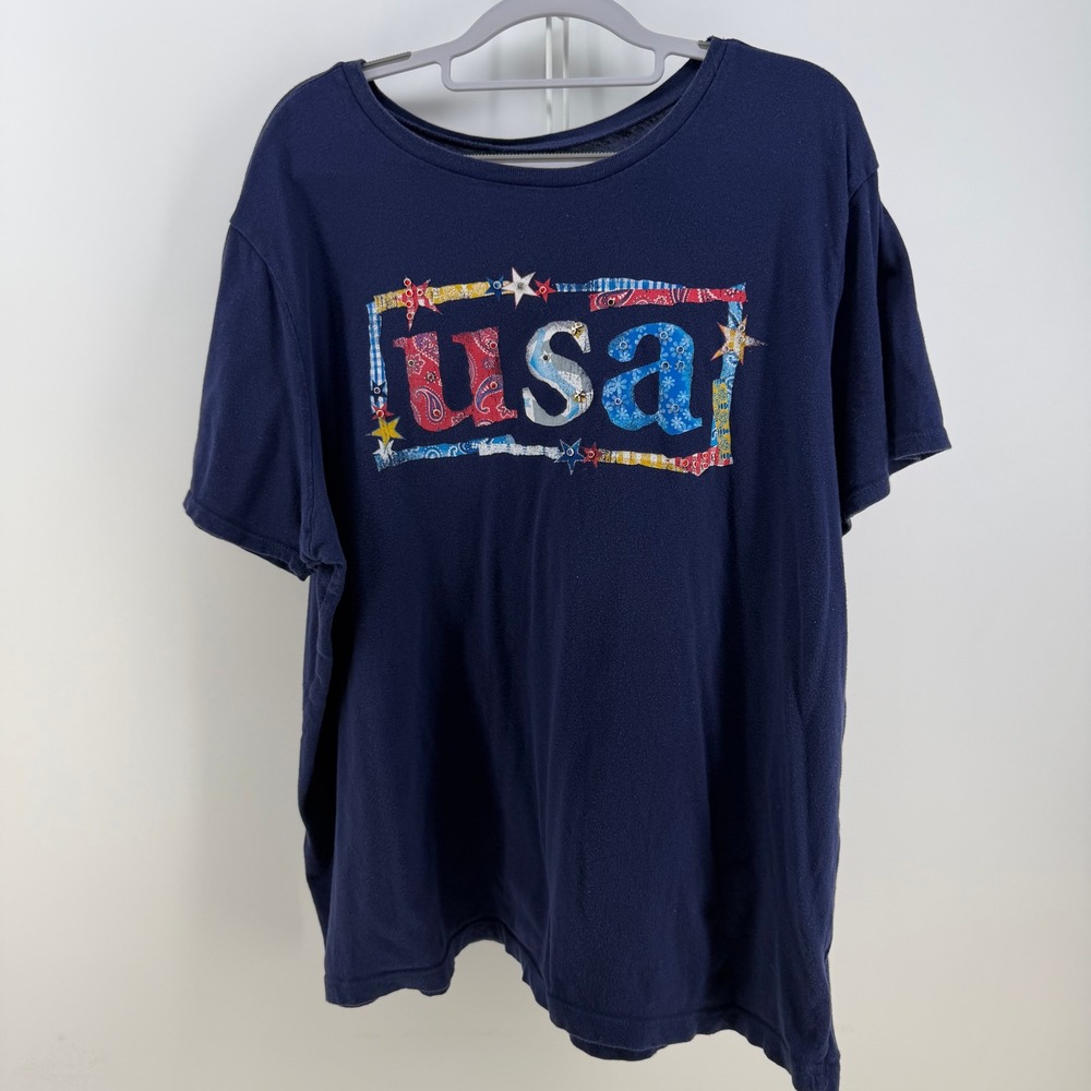 St. Johns Bay T-Shirt Womens 3X Blue USA Patriotic Graphic Embellished Casual